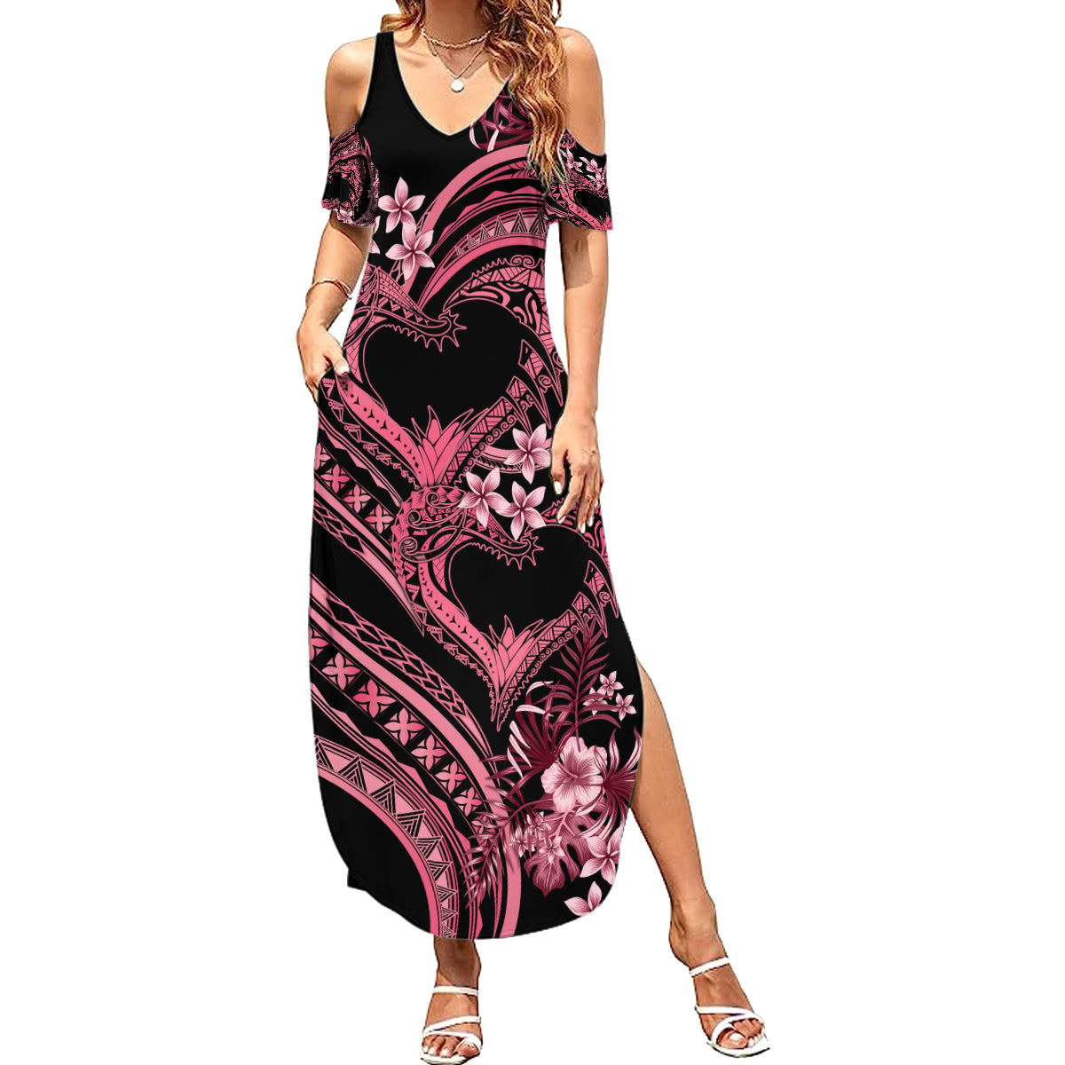 Polynesia Valentines Day Forever In My Heart Tattoo Summer Maxi Dress Pink Style LT9 Women Pink - Polynesian Pride