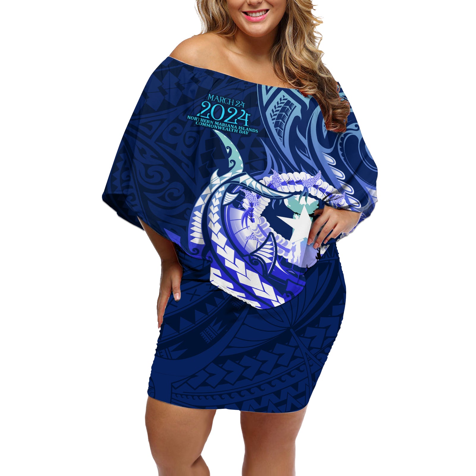 Personalised Northern Mariana Islands Off Shoulder Short Dress Commonwealth Day 2024 LT9 Women Ocean Blue - Polynesian Pride