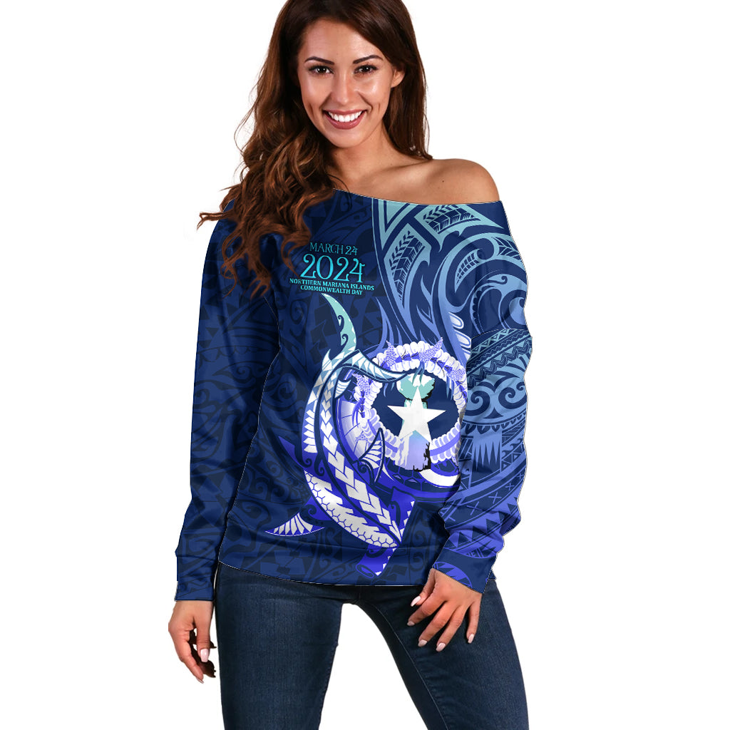 Personalised Northern Mariana Islands Off Shoulder Sweater Commonwealth Day 2024 LT9 Women Ocean Blue - Polynesian Pride