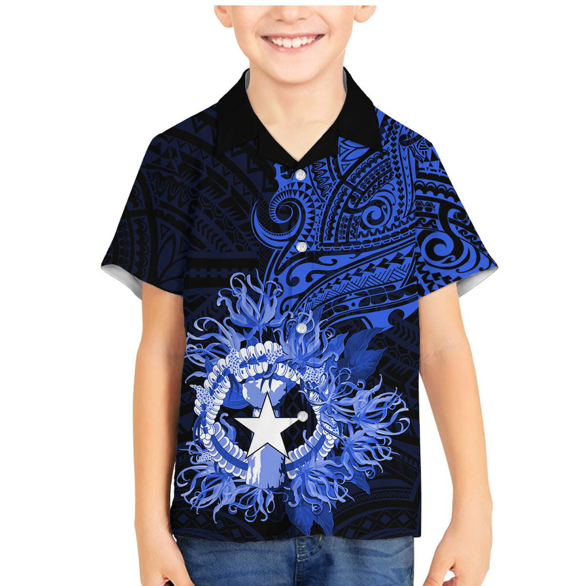 Northern Mariana Islands Ylang-ylang Mwarmwar Family Matching Mermaid Dress and Hawaiian Shirt Polynesian Blue Style LT9 Son's Shirt Blue - Polynesian Pride