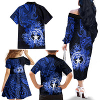 Northern Mariana Islands Ylang-ylang Mwarmwar Family Matching Off Shoulder Long Sleeve Dress and Hawaiian Shirt Polynesian Blue Style LT9 - Polynesian Pride