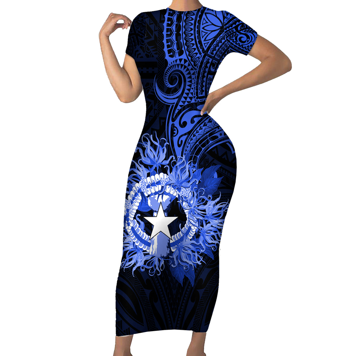 Northern Mariana Islands Ylang-ylang Mwarmwar Family Matching Short Sleeve Bodycon Dress and Hawaiian Shirt Polynesian Blue Style LT9 Mom's Dress Blue - Polynesian Pride