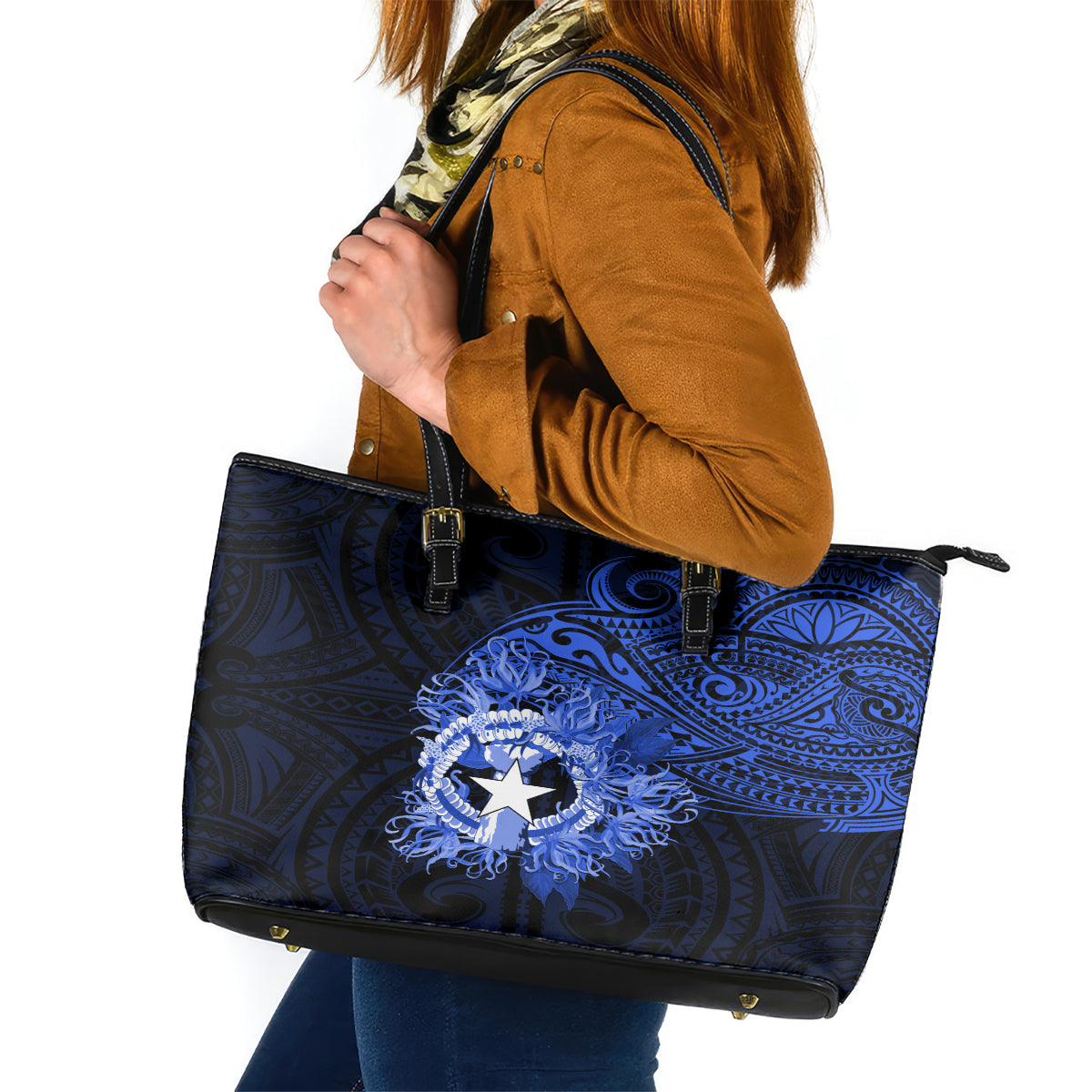 Northern Mariana Islands Ylang-ylang Mwarmwar Leather Tote Bag Polynesian Blue Style