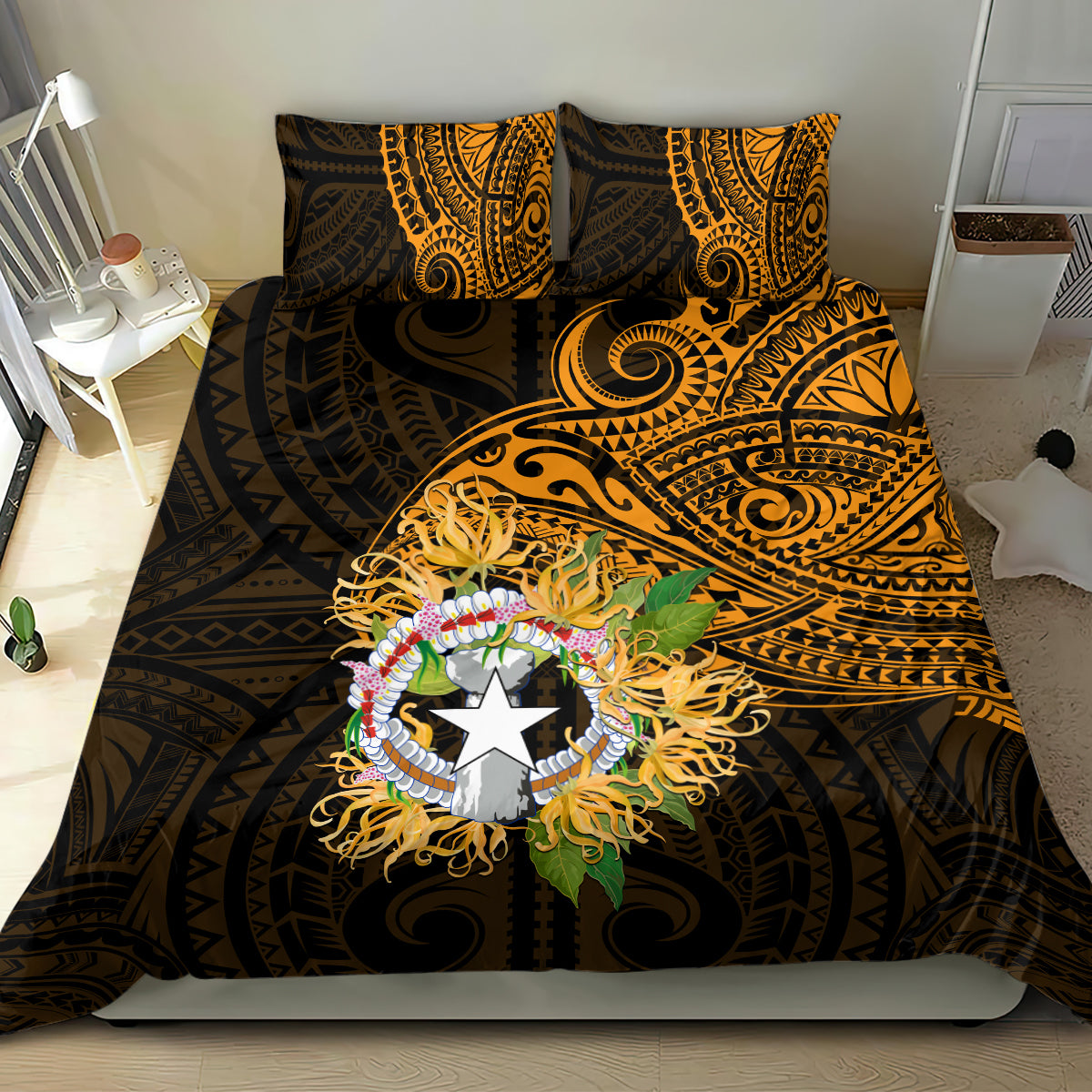 Northern Mariana Islands Ylang-ylang Mwarmwar Bedding Set Polynesian Gold Style
