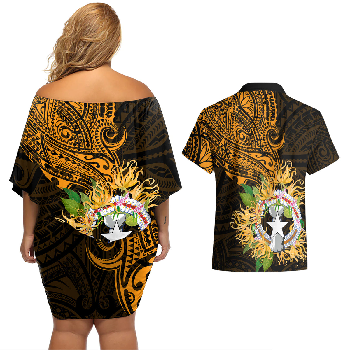 Northern Mariana Islands Ylang-ylang Mwarmwar Couples Matching Off Shoulder Short Dress and Hawaiian Shirt Polynesian Gold Style LT9 - Polynesian Pride