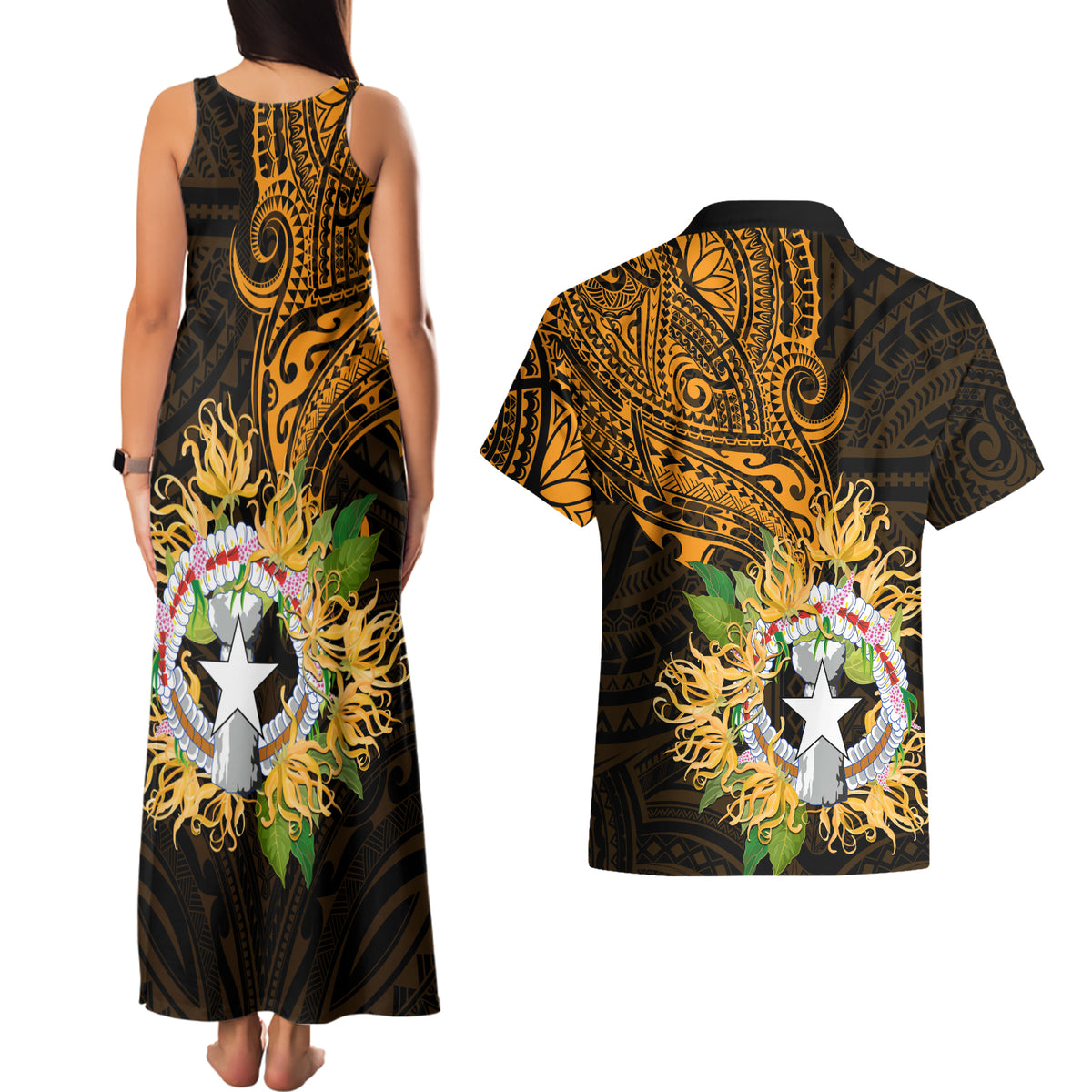 Northern Mariana Islands Ylang-ylang Mwarmwar Couples Matching Tank Maxi Dress and Hawaiian Shirt Polynesian Gold Style LT9 - Polynesian Pride