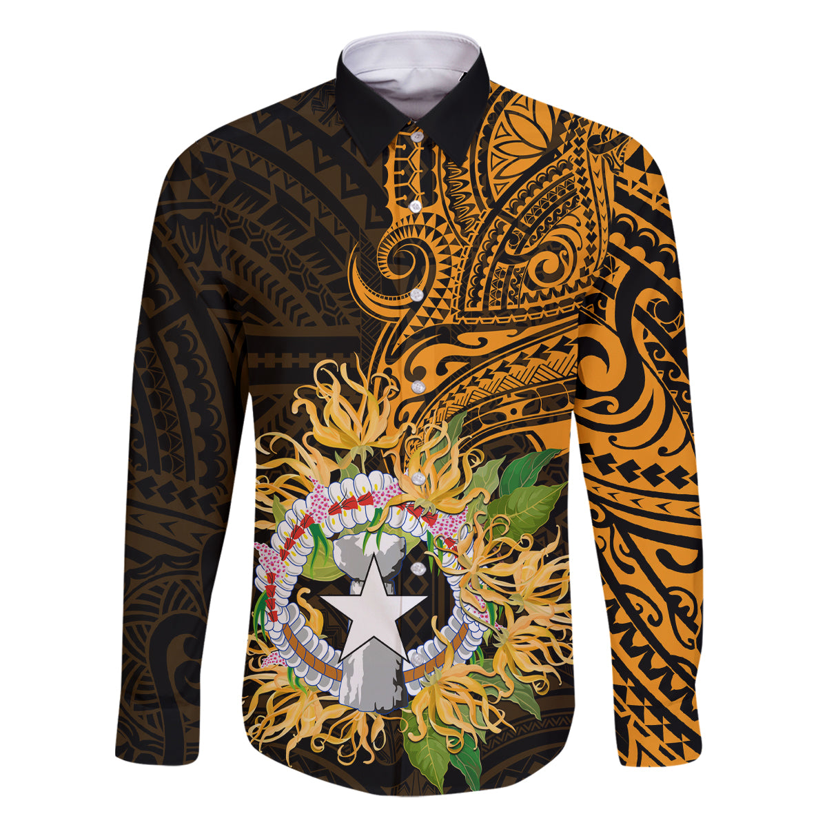 Northern Mariana Islands Ylang-ylang Mwarmwar Family Matching Summer Maxi Dress and Hawaiian Shirt Polynesian Gold Style LT9 Dad's Shirt - Long Sleeve Gold - Polynesian Pride
