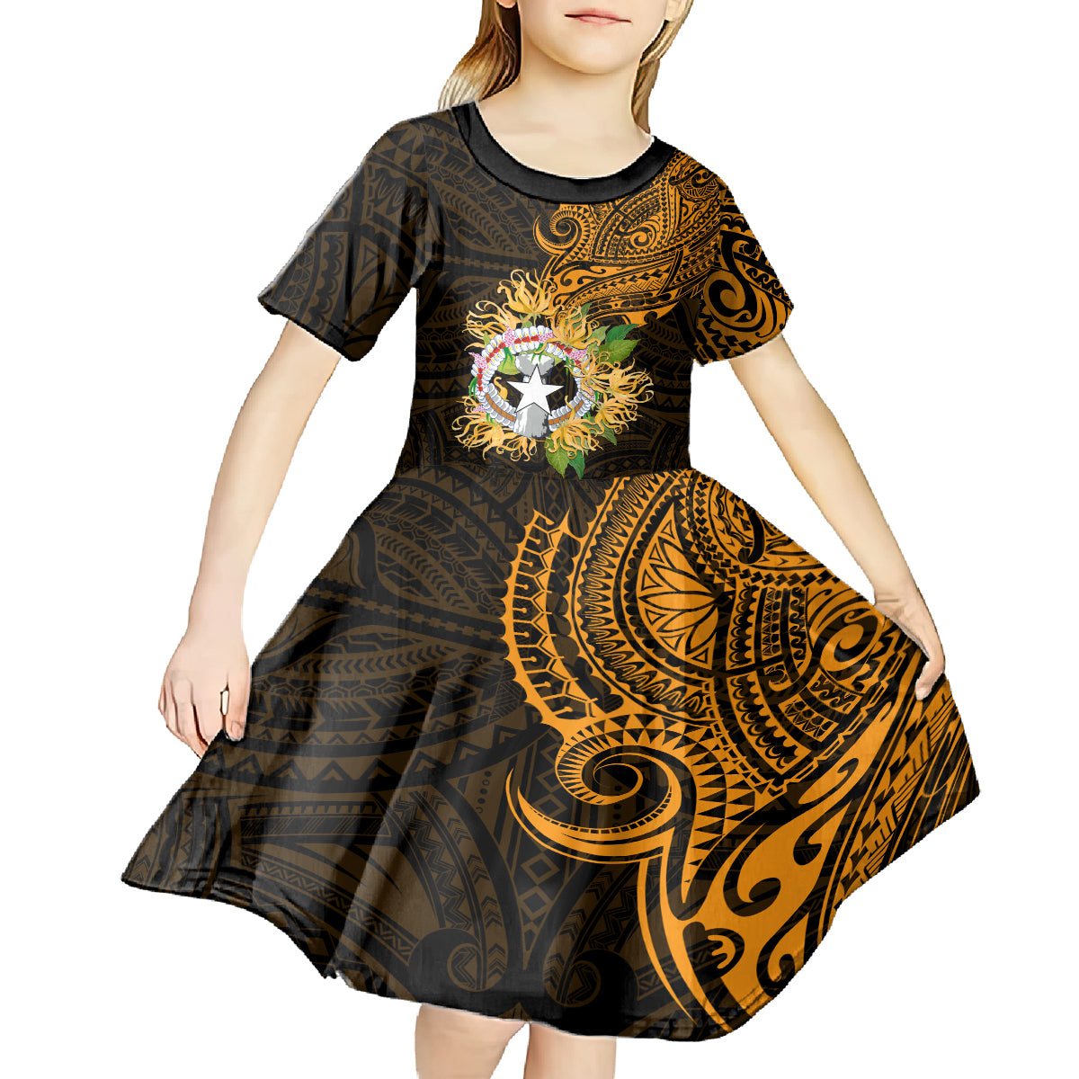 Northern Mariana Islands Ylang-ylang Mwarmwar Kid Short Sleeve Dress Polynesian Gold Style LT9 - Polynesian Pride