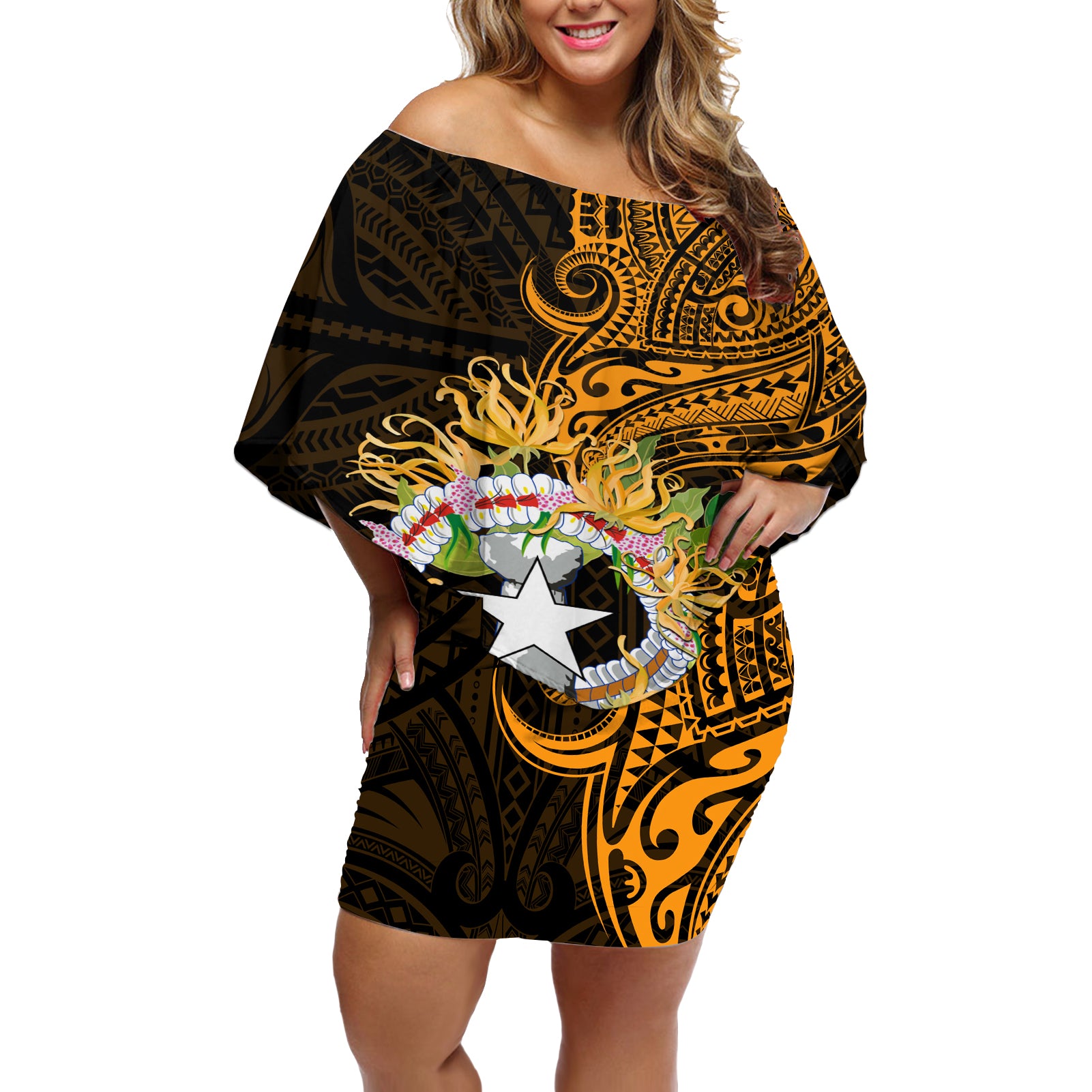 Northern Mariana Islands Ylang-ylang Mwarmwar Off Shoulder Short Dress Polynesian Gold Style LT9 Women Gold - Polynesian Pride