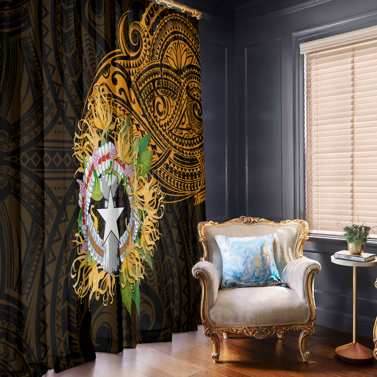 Northern Mariana Islands Ylang-ylang Mwarmwar Window Curtain Polynesian Gold Style