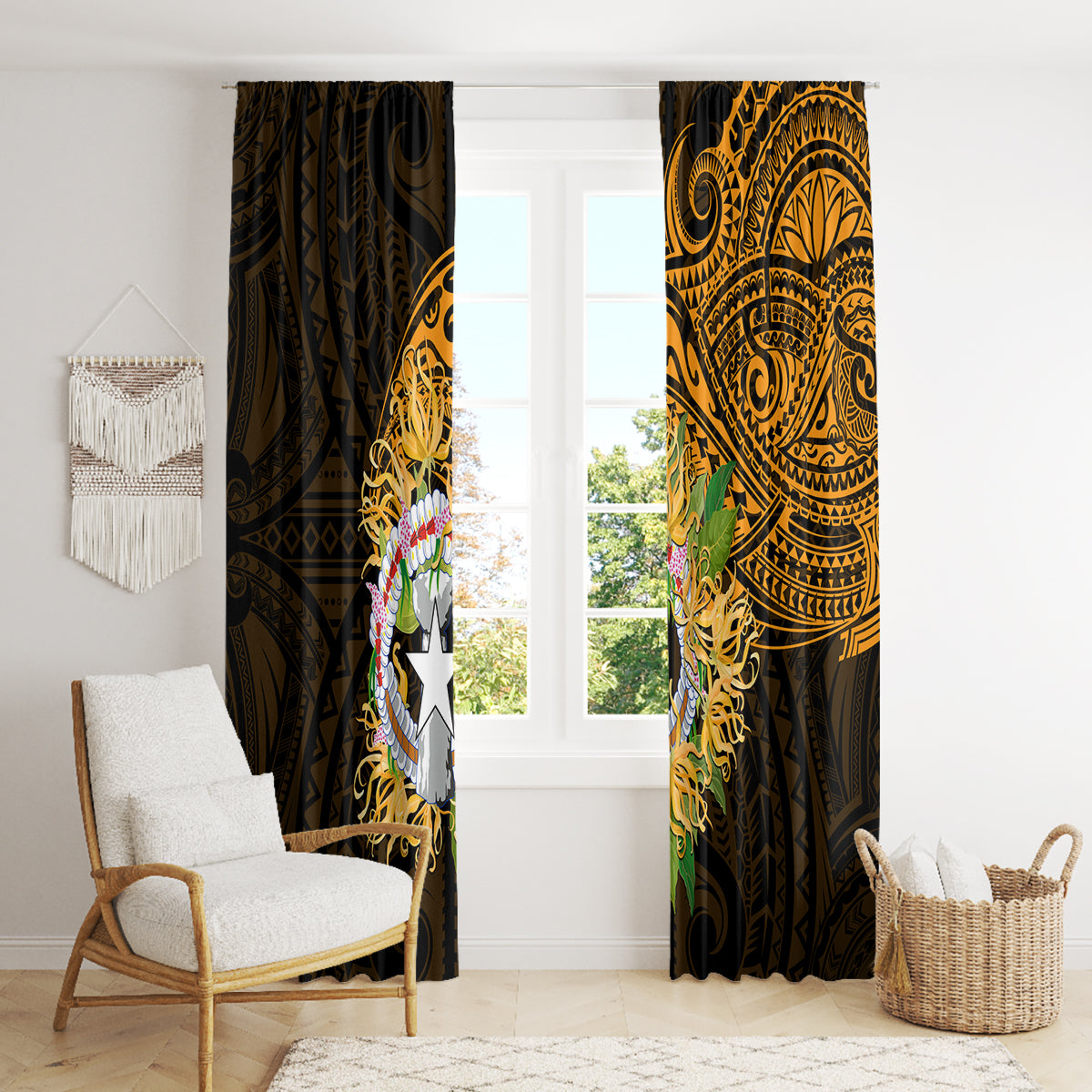 Northern Mariana Islands Ylang-ylang Mwarmwar Window Curtain Polynesian Gold Style