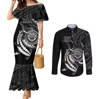 Personalised FSM Culture Day Couples Matching Mermaid Dress and Long Sleeve Button Shirt Hammerhead Shark Tribal 2024 LT9 Black - Polynesian Pride