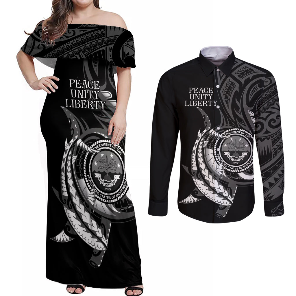Personalised FSM Culture Day Couples Matching Off Shoulder Maxi Dress and Long Sleeve Button Shirt Hammerhead Shark Tribal 2024 LT9 Black - Polynesian Pride