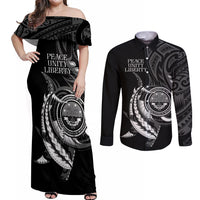 Personalised FSM Culture Day Couples Matching Off Shoulder Maxi Dress and Long Sleeve Button Shirt Hammerhead Shark Tribal 2024 LT9 Black - Polynesian Pride