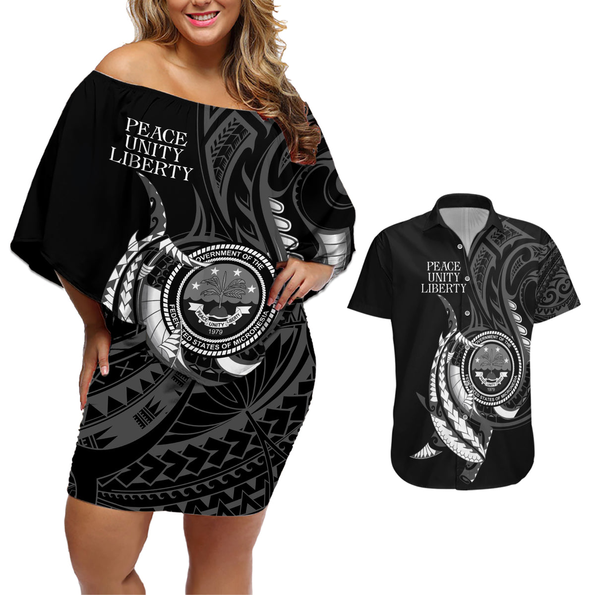 Personalised FSM Culture Day Couples Matching Off Shoulder Short Dress and Hawaiian Shirt Hammerhead Shark Tribal 2024 LT9 Black - Polynesian Pride