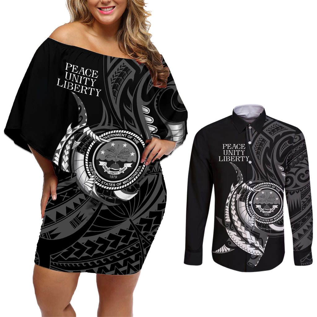 Personalised FSM Culture Day Couples Matching Off Shoulder Short Dress and Long Sleeve Button Shirt Hammerhead Shark Tribal 2024 LT9 Black - Polynesian Pride