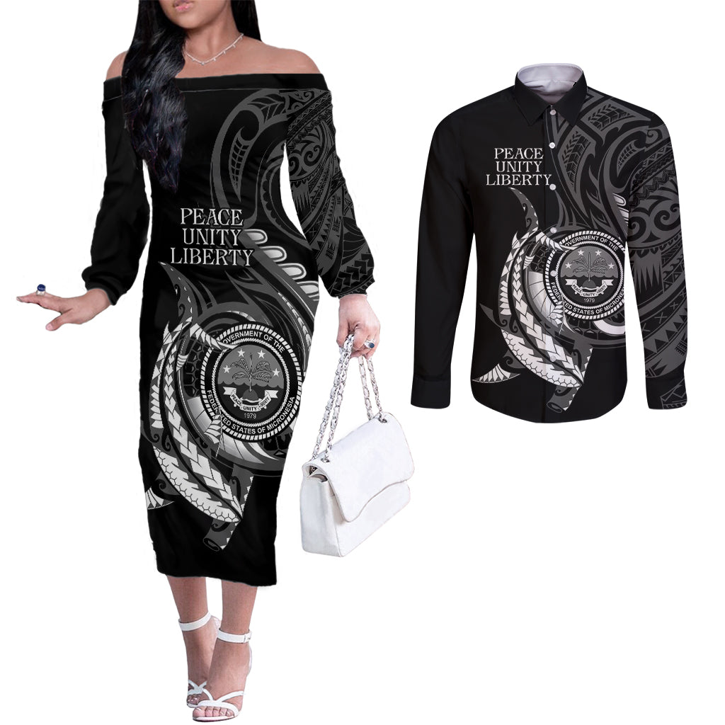 Personalised FSM Culture Day Couples Matching Off The Shoulder Long Sleeve Dress and Long Sleeve Button Shirt Hammerhead Shark Tribal 2024 LT9 Black - Polynesian Pride