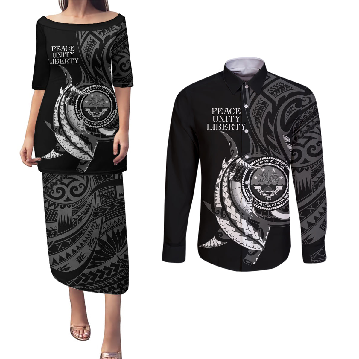 Personalised FSM Culture Day Couples Matching Puletasi and Long Sleeve Button Shirt Hammerhead Shark Tribal 2024 LT9 Black - Polynesian Pride