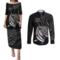 Personalised FSM Culture Day Couples Matching Puletasi and Long Sleeve Button Shirt Hammerhead Shark Tribal 2024 LT9 Black - Polynesian Pride