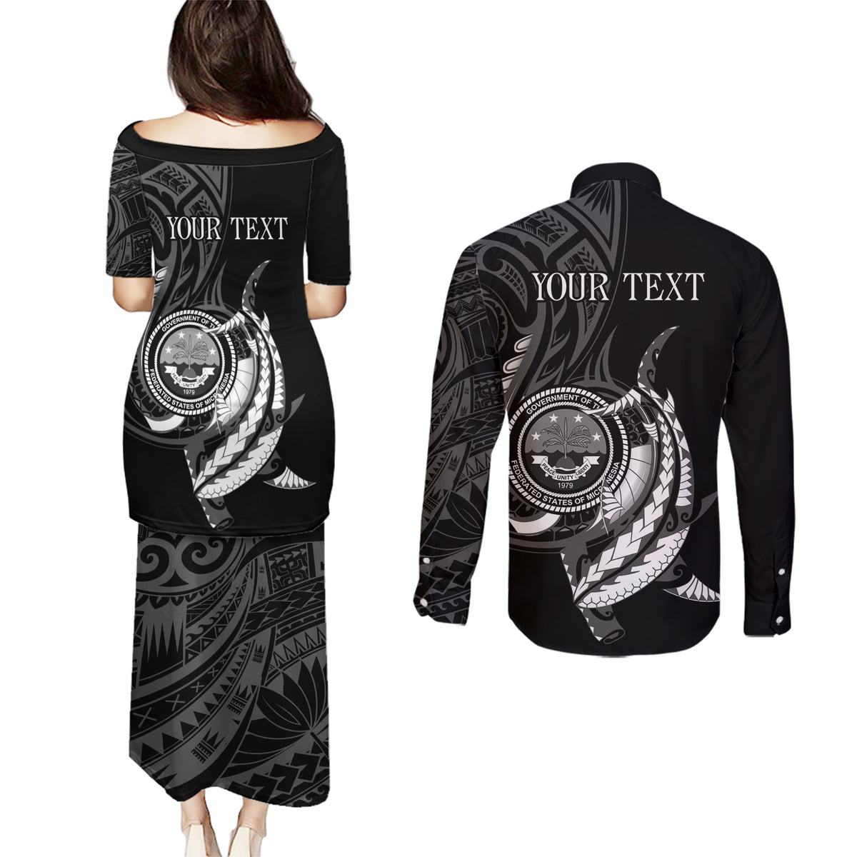 Personalised FSM Culture Day Couples Matching Puletasi and Long Sleeve Button Shirt Hammerhead Shark Tribal 2024 LT9 - Polynesian Pride