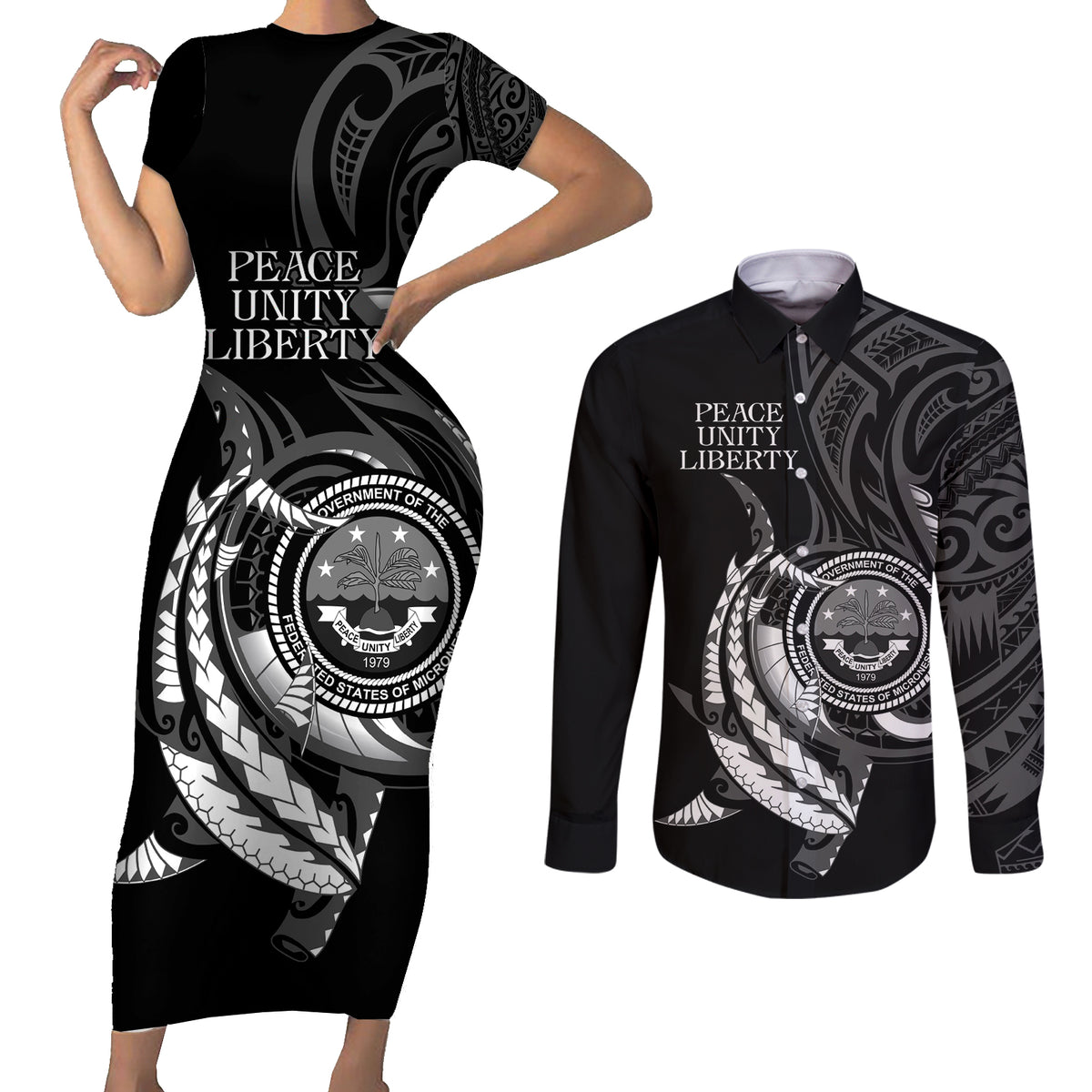 Personalised FSM Culture Day Couples Matching Short Sleeve Bodycon Dress and Long Sleeve Button Shirt Hammerhead Shark Tribal 2024 LT9 Black - Polynesian Pride