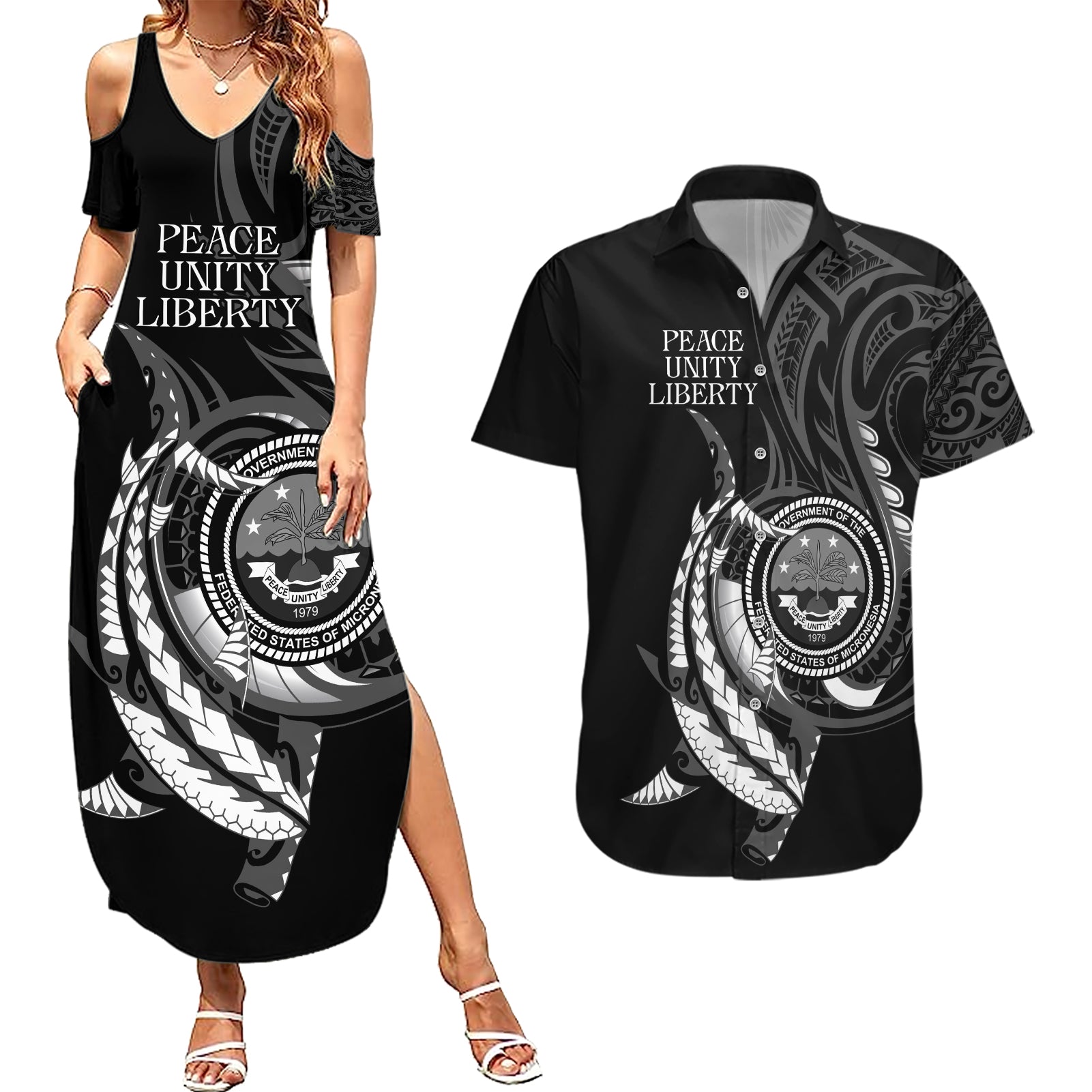 Personalised FSM Culture Day Couples Matching Summer Maxi Dress and Hawaiian Shirt Hammerhead Shark Tribal 2024 LT9 Black - Polynesian Pride