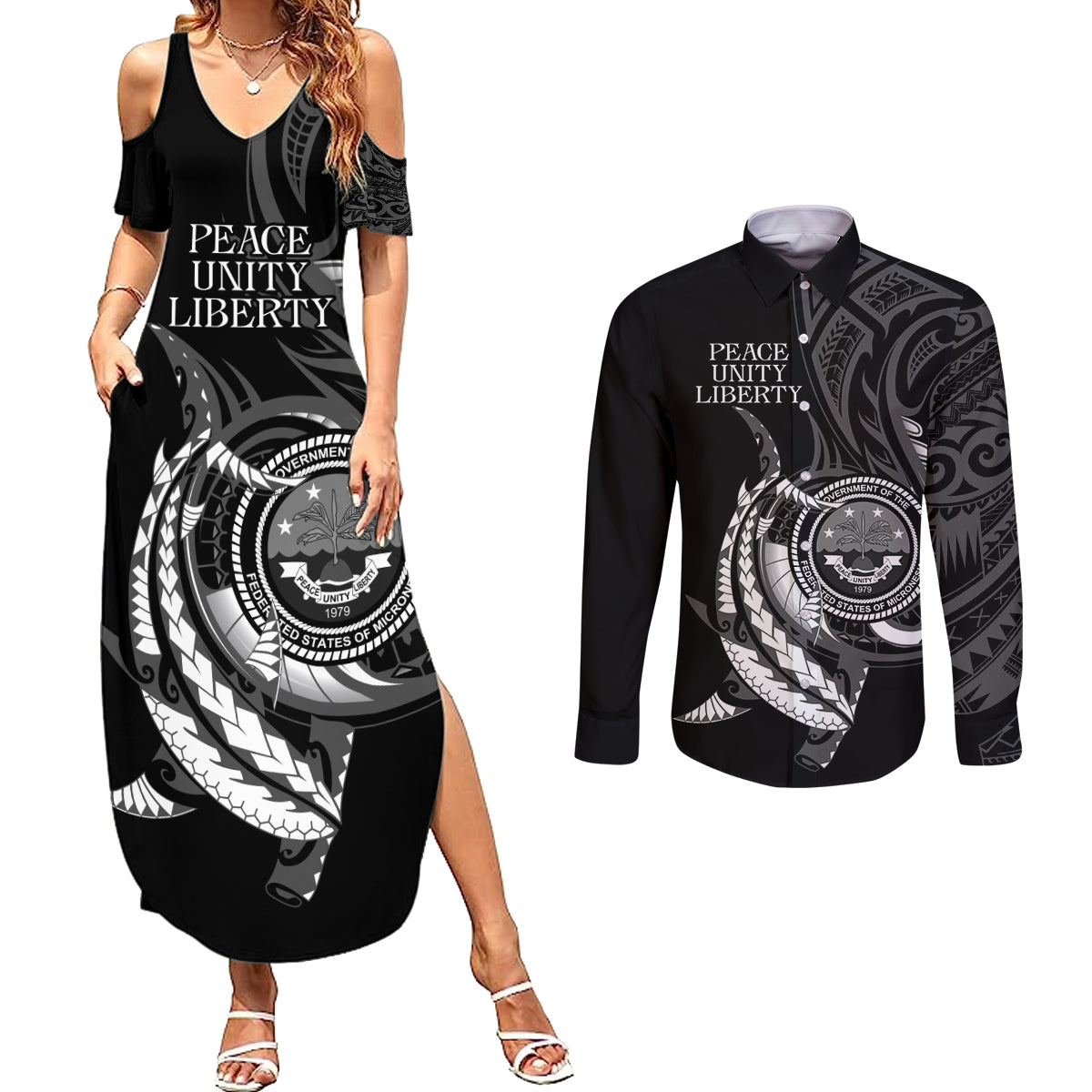 Personalised FSM Culture Day Couples Matching Summer Maxi Dress and Long Sleeve Button Shirt Hammerhead Shark Tribal 2024 LT9 Black - Polynesian Pride
