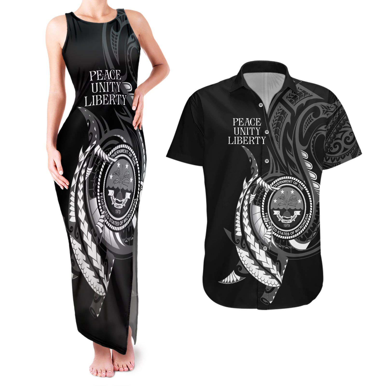 Personalised FSM Culture Day Couples Matching Tank Maxi Dress and Hawaiian Shirt Hammerhead Shark Tribal 2024 LT9 Black - Polynesian Pride