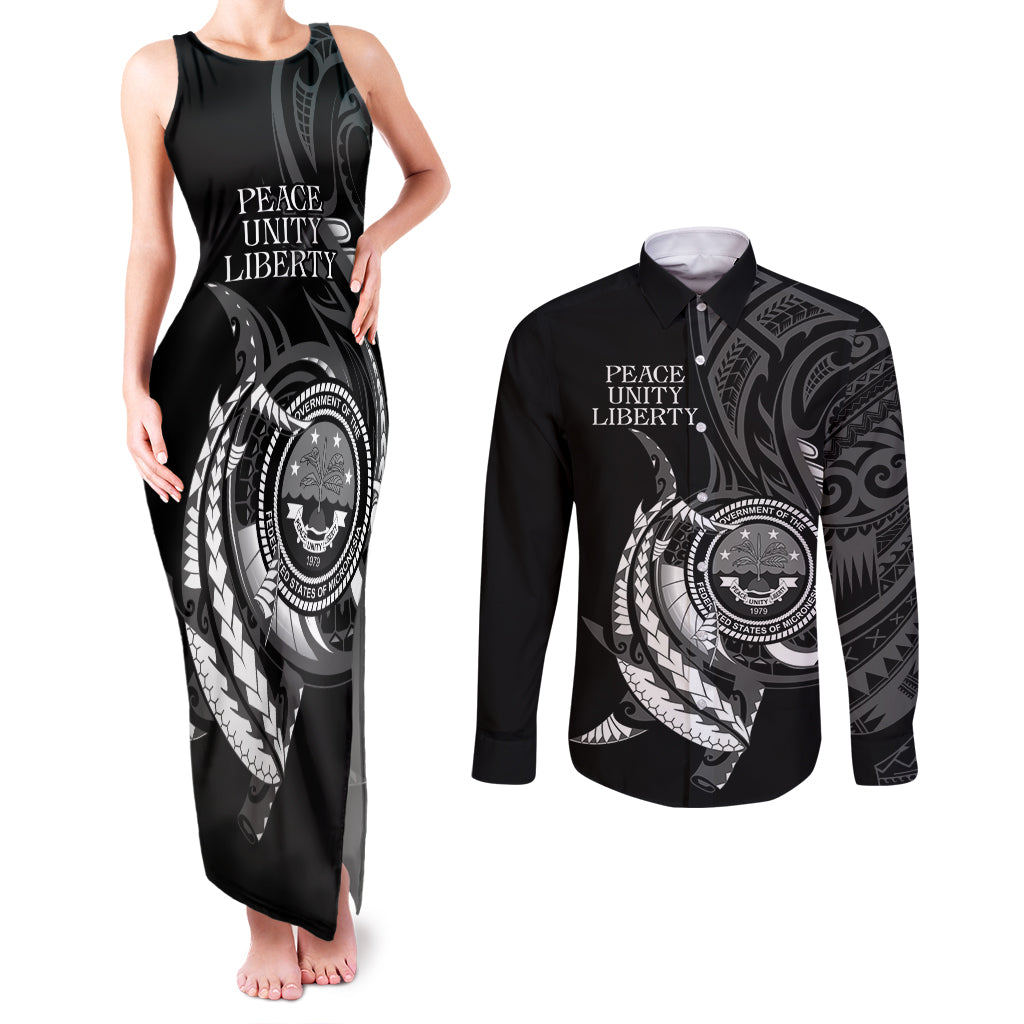Personalised FSM Culture Day Couples Matching Tank Maxi Dress and Long Sleeve Button Shirt Hammerhead Shark Tribal 2024 LT9 Black - Polynesian Pride