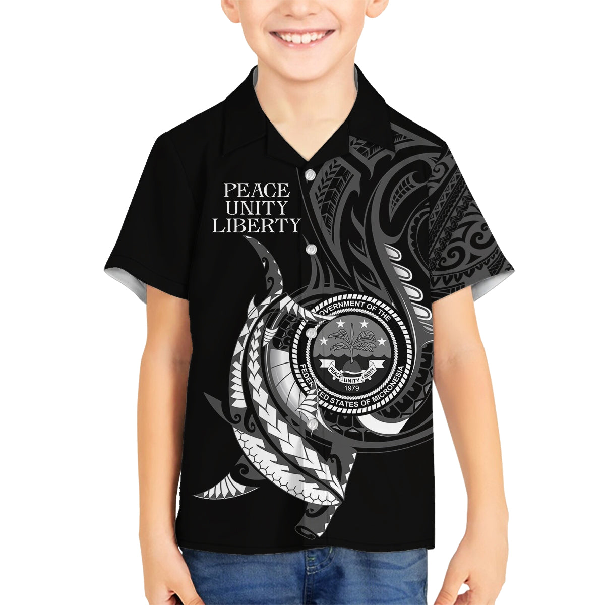Personalised FSM Culture Day Family Matching Long Sleeve Bodycon Dress and Hawaiian Shirt Hammerhead Shark Tribal 2024 LT9 Son's Shirt Black - Polynesian Pride