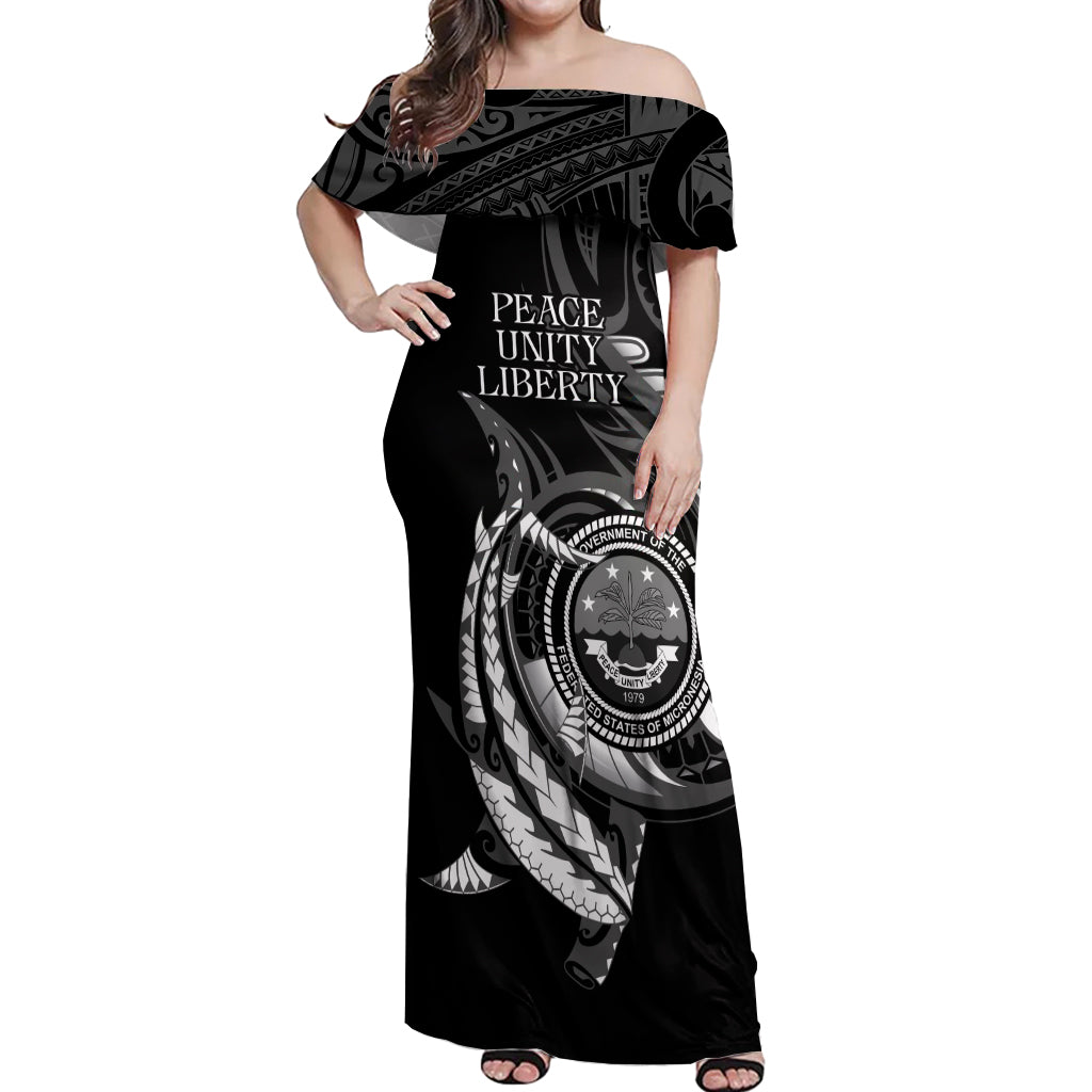 Personalised FSM Culture Day Off Shoulder Maxi Dress Hammerhead Shark Tribal 2024 LT9 Women Black - Polynesian Pride