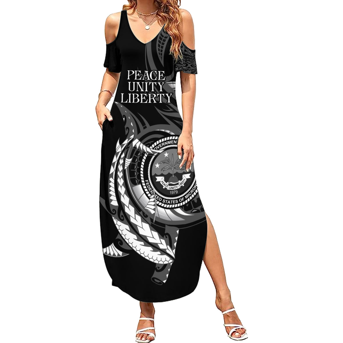 Personalised FSM Culture Day Summer Maxi Dress Hammerhead Shark Tribal 2024 LT9 Women Black - Polynesian Pride