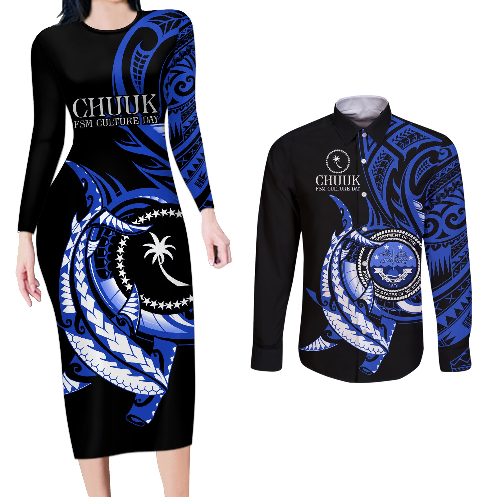 Personalised Chuuk FSM Culture Day Couples Matching Long Sleeve Bodycon Dress and Long Sleeve Button Shirt Hammerhead Shark Tattoo 2024 LT9 Blue - Polynesian Pride