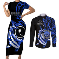 Personalised Chuuk FSM Culture Day Couples Matching Short Sleeve Bodycon Dress and Long Sleeve Button Shirt Hammerhead Shark Tattoo 2024 LT9 Blue - Polynesian Pride