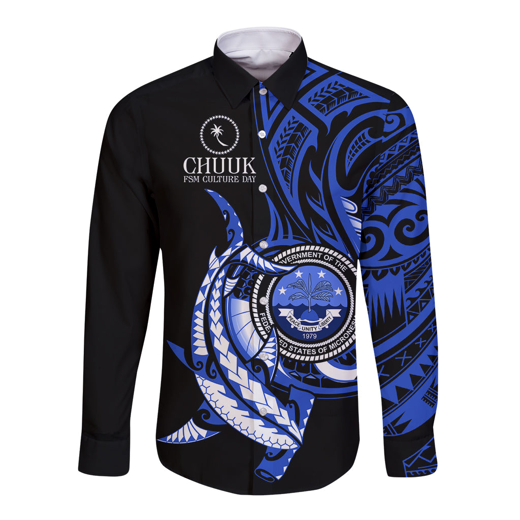 Personalised Chuuk FSM Culture Day Long Sleeve Button Shirt Hammerhead Shark Tattoo 2024 LT9 Unisex Blue - Polynesian Pride