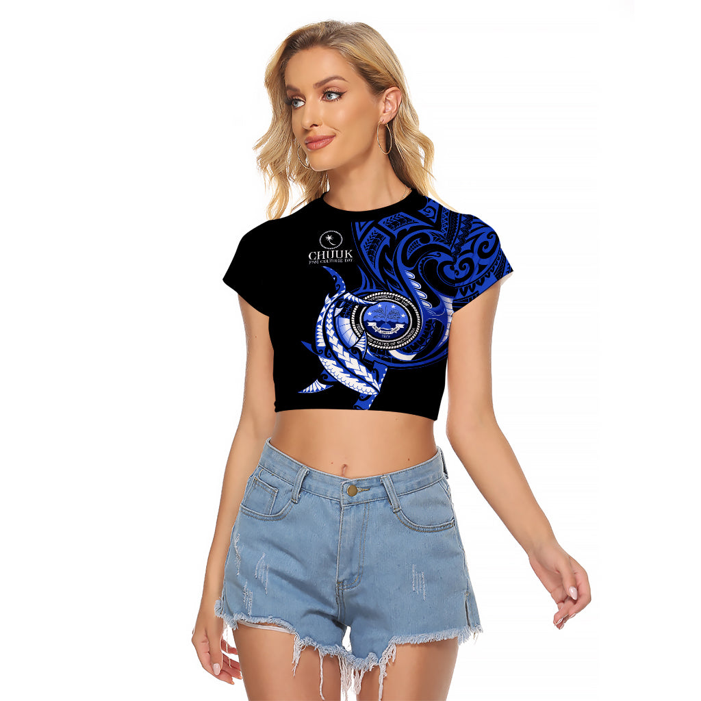 Personalised Chuuk FSM Culture Day Raglan Cropped T Shirt Hammerhead Shark Tattoo 2024 LT9 Female Blue - Polynesian Pride