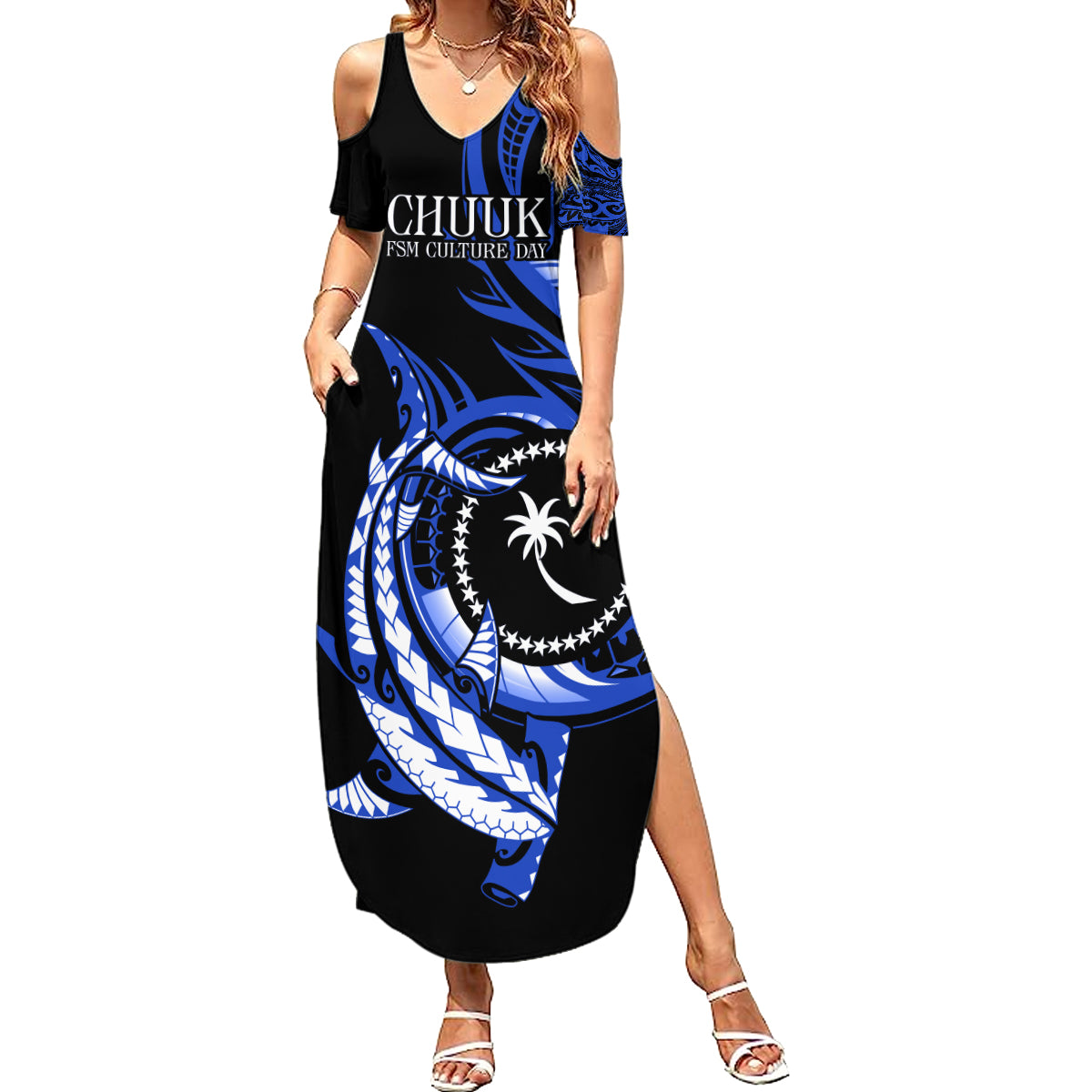 Personalised Chuuk FSM Culture Day Summer Maxi Dress Hammerhead Shark Tattoo 2024 LT9 Women Blue - Polynesian Pride