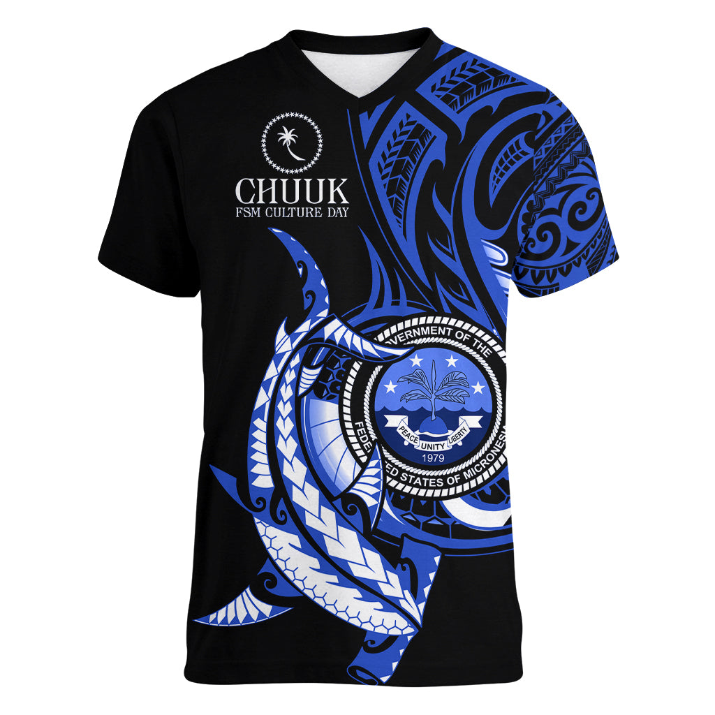 Personalised Chuuk FSM Culture Day Women V Neck T Shirt Hammerhead Shark Tattoo 2024 LT9 Female Blue - Polynesian Pride