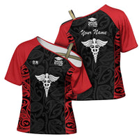 New Zealand Nurse RN 2026 Personalised Cross Shoulder Shirt Red Maori Pattern Cultural Pride