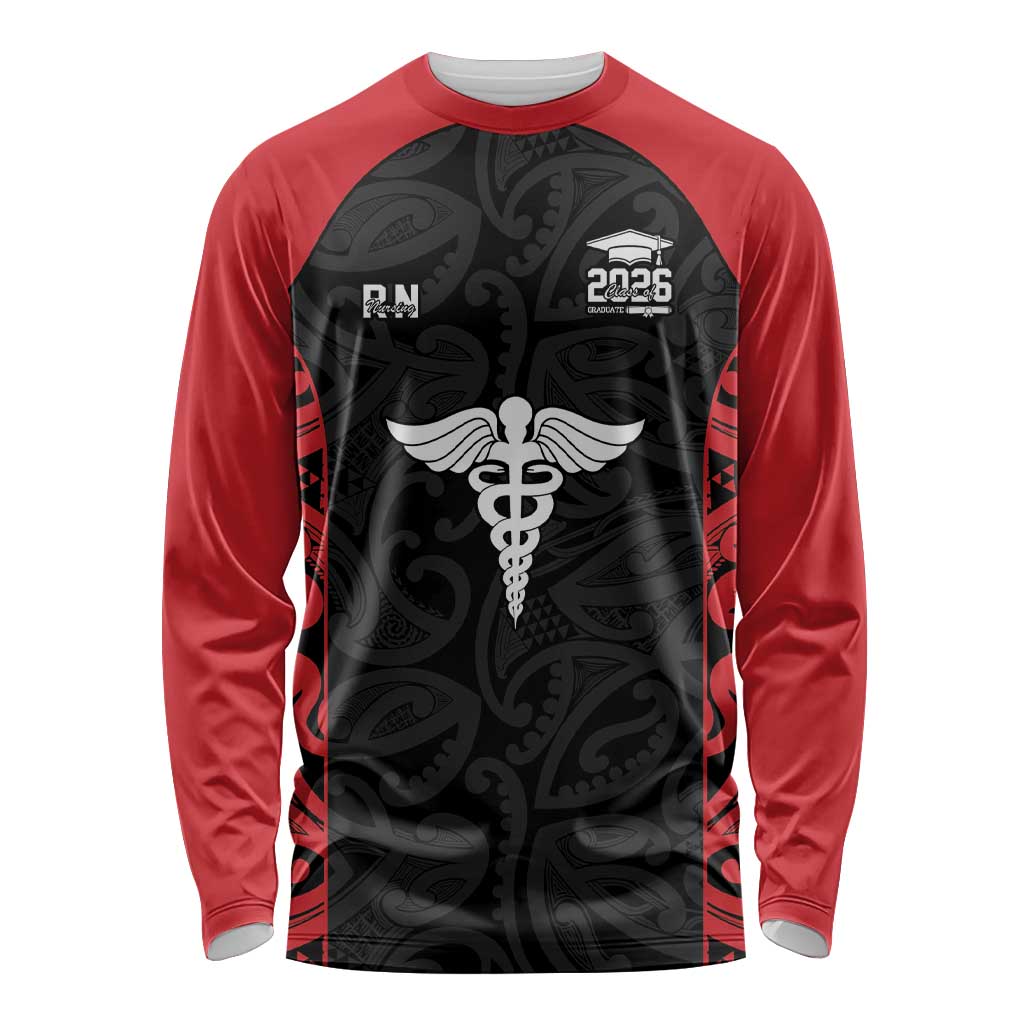 New Zealand Nurse RN 2026 Personalised Long Sleeve Shirt Red Maori Pattern Cultural Pride