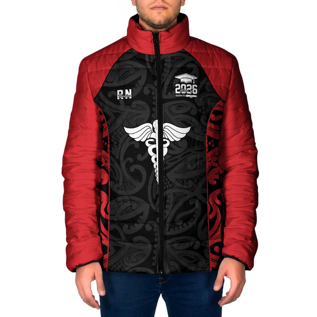 New Zealand Nurse RN 2026 Personalised Padded Jacket Red Maori Pattern Cultural Pride