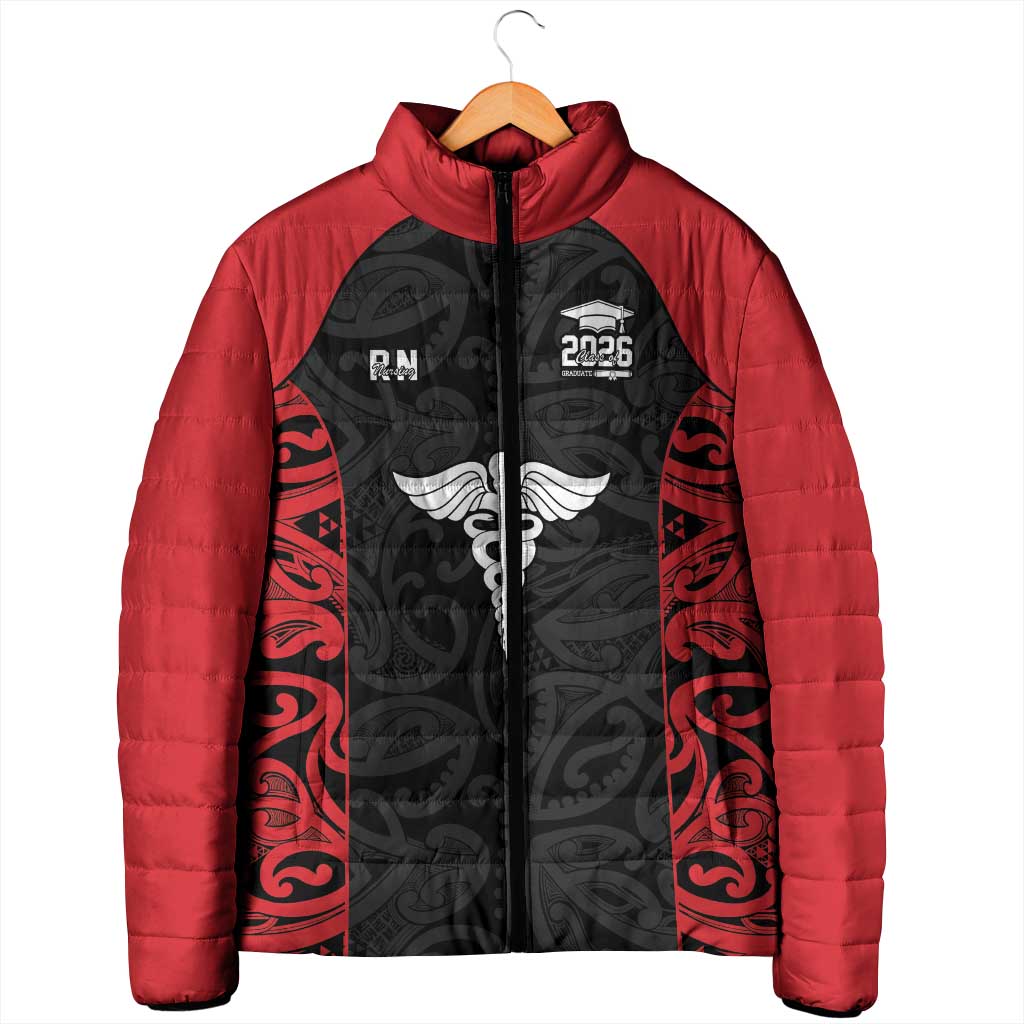 New Zealand Nurse RN 2026 Personalised Padded Jacket Red Maori Pattern Cultural Pride