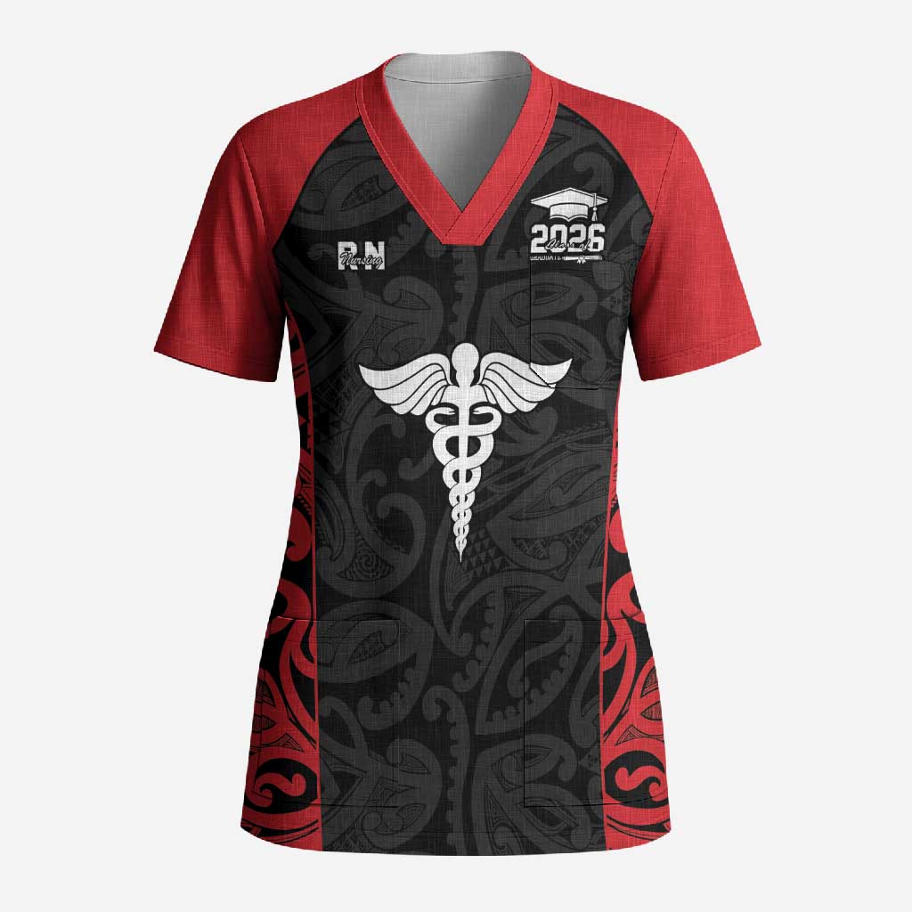 New Zealand Nurse RN 2026 Personalised Scrub Top Red Maori Pattern Cultural Pride
