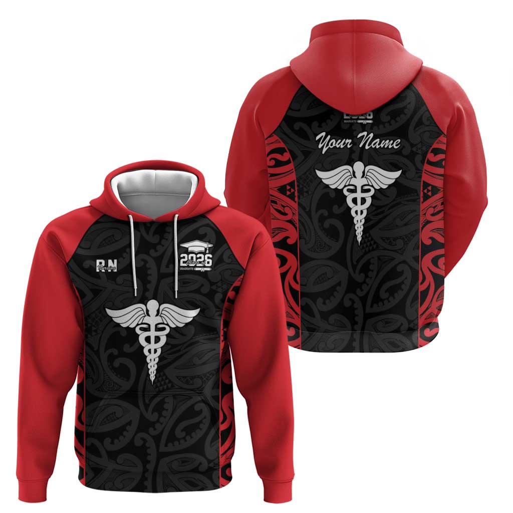 New Zealand Nurse RN 2026 Personalised Zip Hoodie Red Maori Pattern Cultural Pride