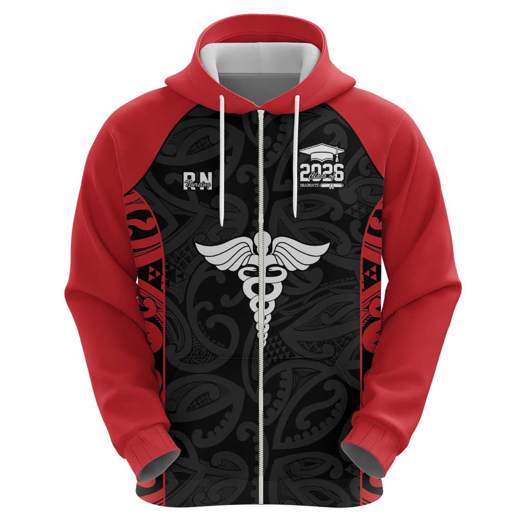New Zealand Nurse RN 2026 Personalised Zip Hoodie Red Maori Pattern Cultural Pride
