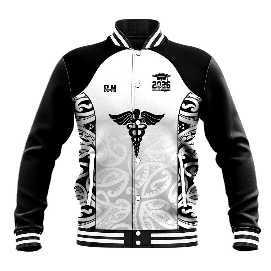 New Zealand Nurse RN 2026 Personalised Baseball Jacket White Maori Pattern Cultural Pride