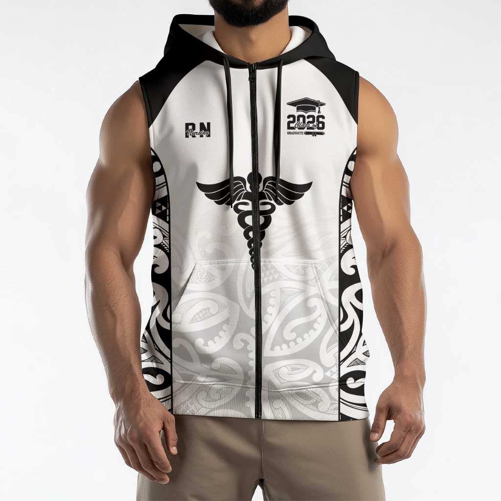 New Zealand Nurse RN 2026 Personalised Sleeveless Zip Hoodie White Maori Pattern Cultural Pride