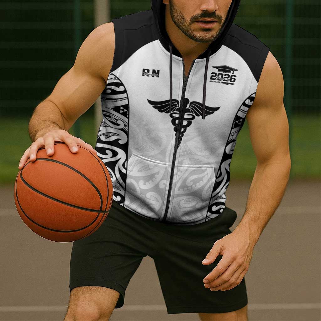 New Zealand Nurse RN 2026 Personalised Sleeveless Zip Hoodie White Maori Pattern Cultural Pride