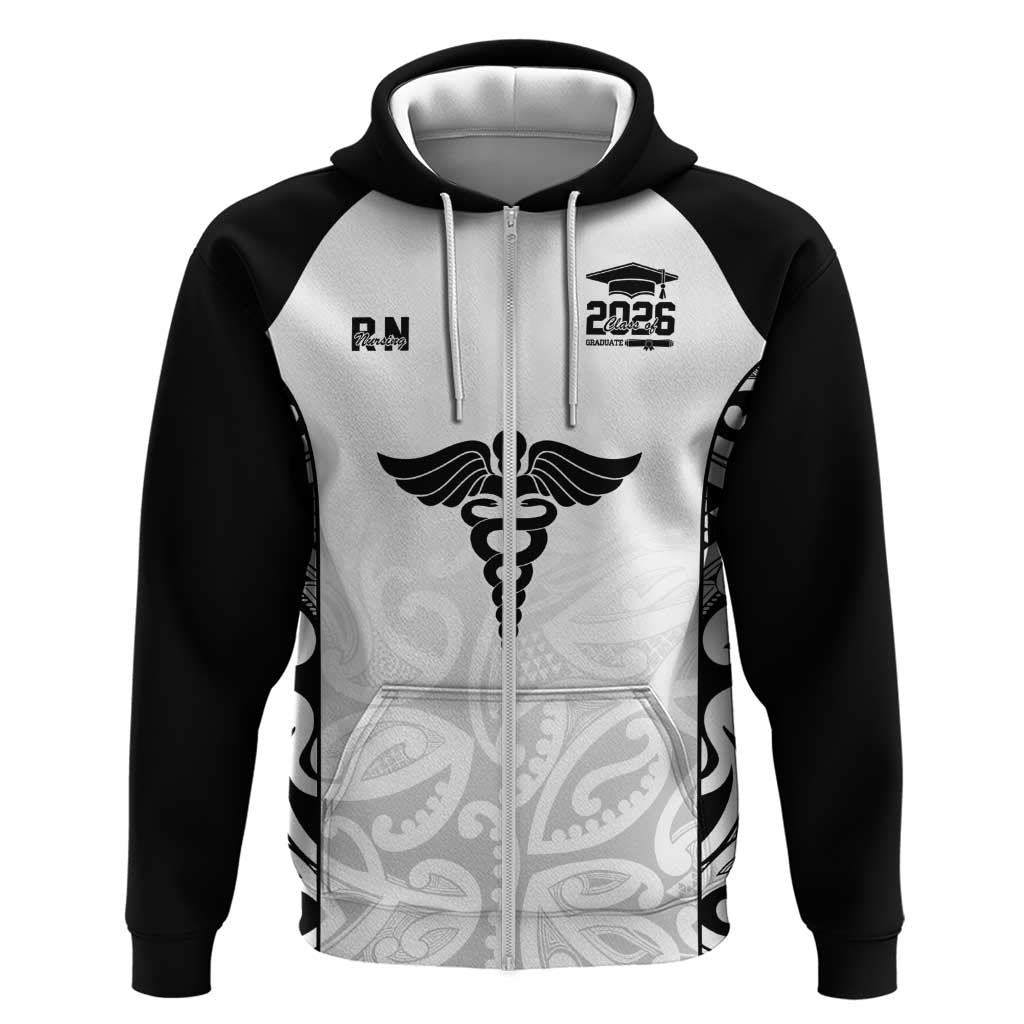 New Zealand Nurse RN 2026 Personalised Zip Hoodie White Maori Pattern Cultural Pride