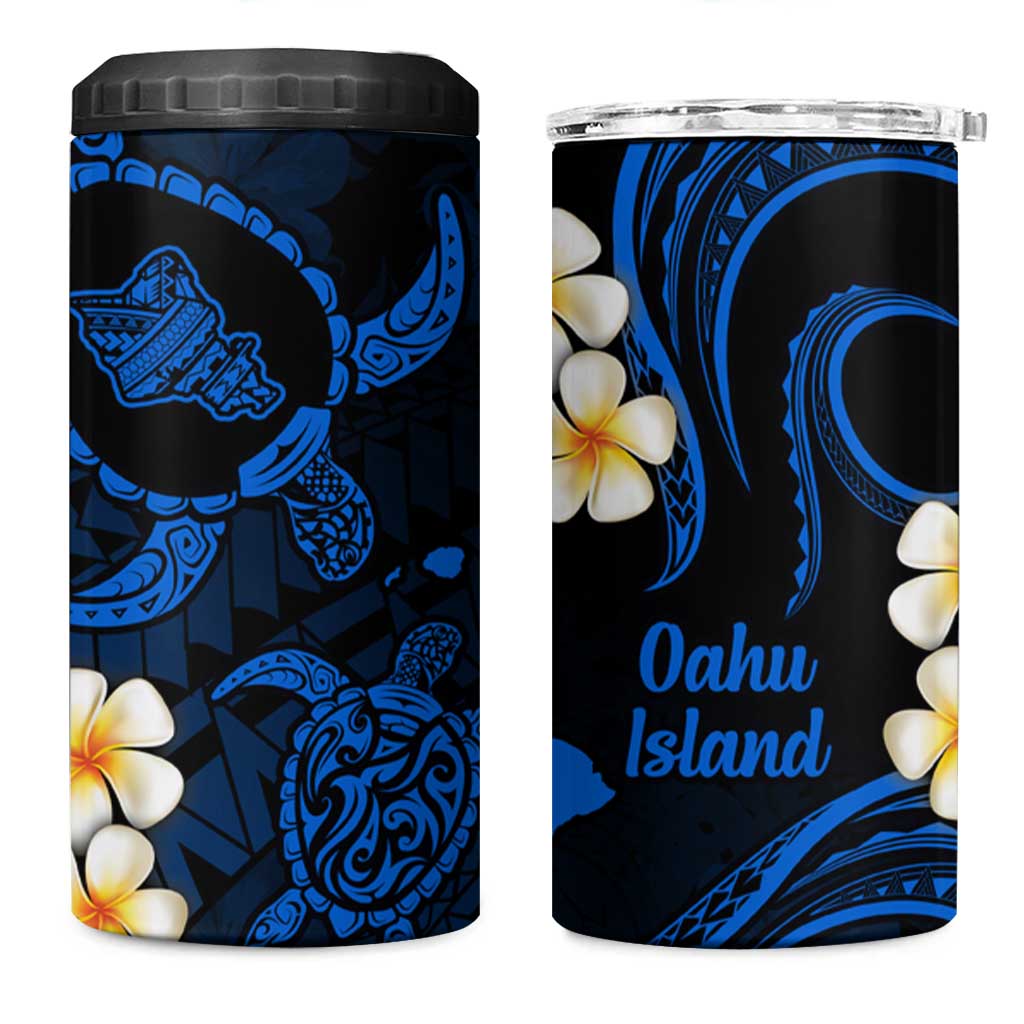 Hawaii Oahu Islands Pacific Plumeria 4 in 1 Can Cooler Tumbler Blue Polynesian Tattoo